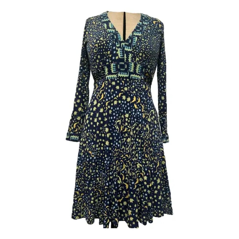 Vintage Issa London 100% Silk Elegant Blue and Yellow Patterned Dress